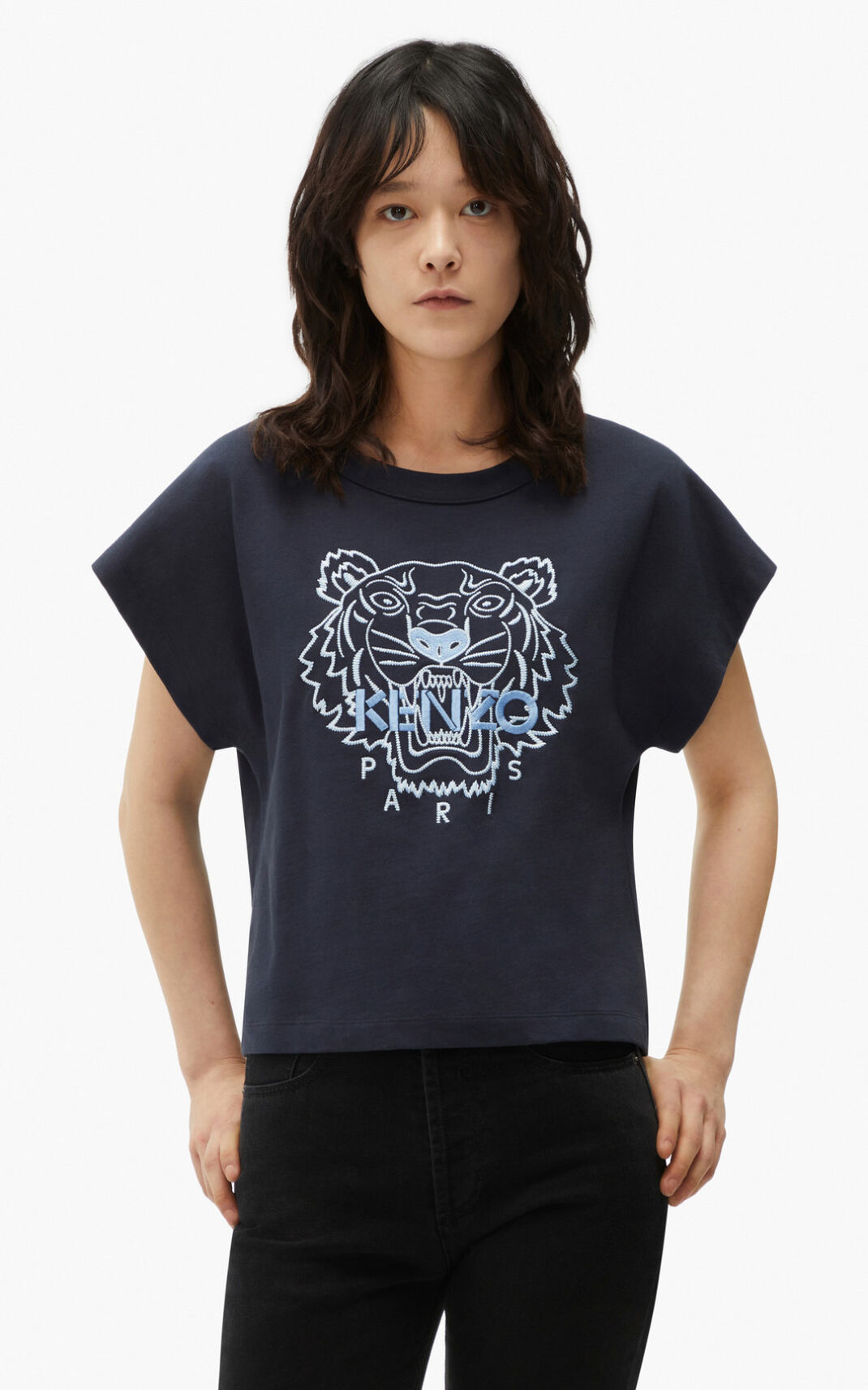 Camiseta Kenzo Tiger boxy Feminino - Azuis Pretas | 625JRXTUP